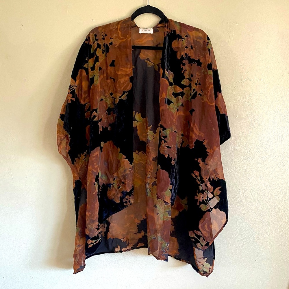 A.MUSE Semi-Sheer Chiffon Velvet Burnout Open-Front Kimono Jacket Brown Floral